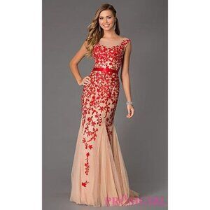 Sheri Hill Tan Red Floral Embroidered Illusion Neck Mermaid Prom Dress Size 00